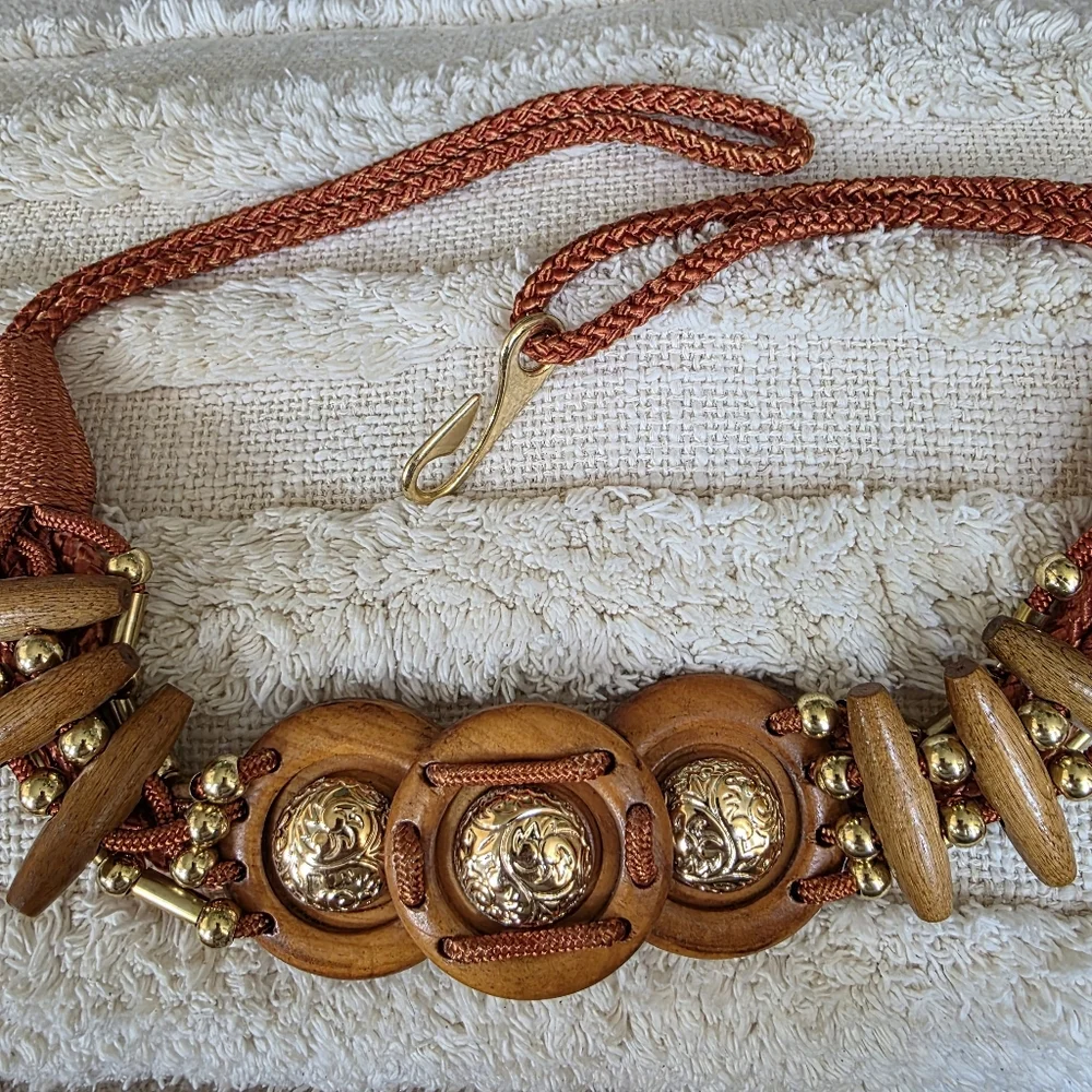 Nylon Belt With Wood Beads And Gold Accents